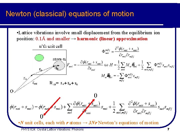 Newton (classical) equations of motion • Lattice vibrations involve small displacement from the equilibrium