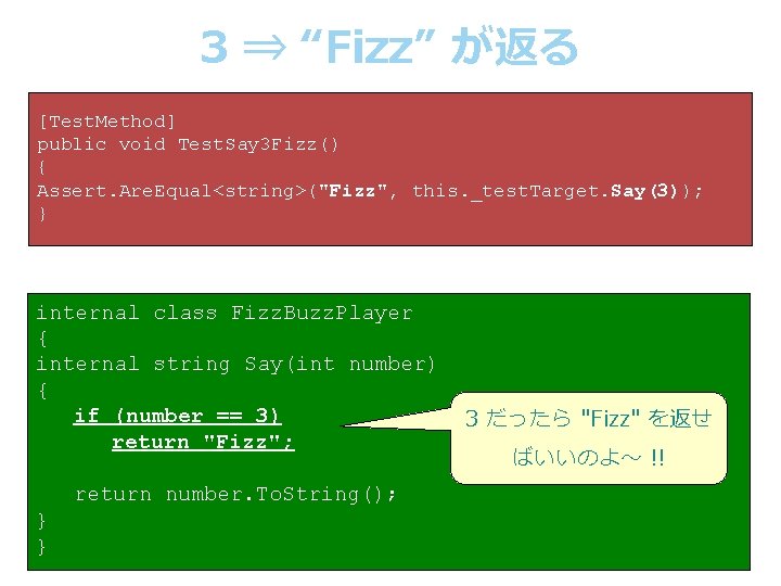 3 ⇒ “Fizz” が返る [Test. Method] public void Test. Say 3 Fizz() { Assert.