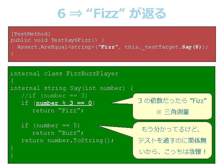 6 ⇒ “Fizz” が返る [Test. Method] public void Test. Say 6 Fizz() { Assert.