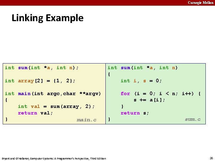 Carnegie Mellon Linking Example int sum(int *a, int n); int array[2] = {1, 2};