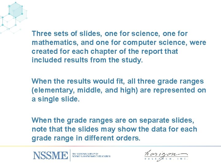 Three sets of slides, one for science, one for mathematics, and one for computer