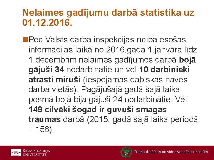 Nelaimes gadījumu darbā statistika uz 01. 12. 2016. n. Pēc Valsts darba inspekcijas rīcībā
