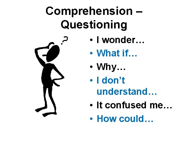 Comprehension – Questioning • • I wonder… What if… Why… I don’t understand… •