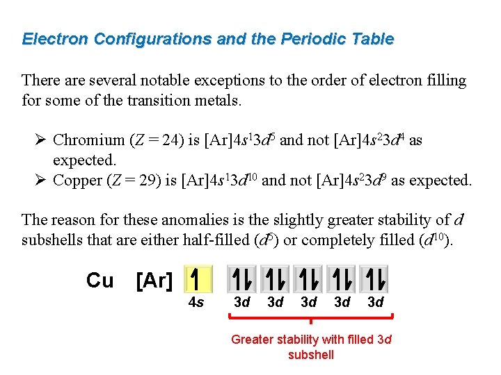 Electron Configurations and the Periodic Table There are several notable exceptions to the order Electron Configurations and the Periodic Table There are several notable exceptions to the order