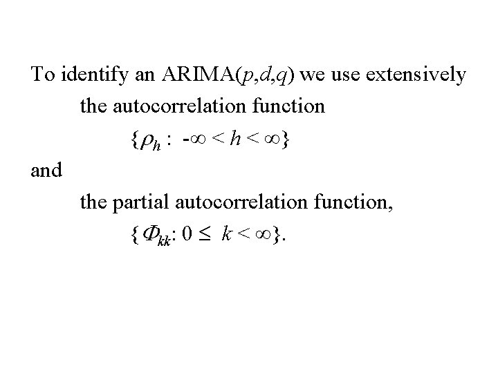 To identify an ARIMA(p, d, q) we use extensively the autocorrelation function {rh :