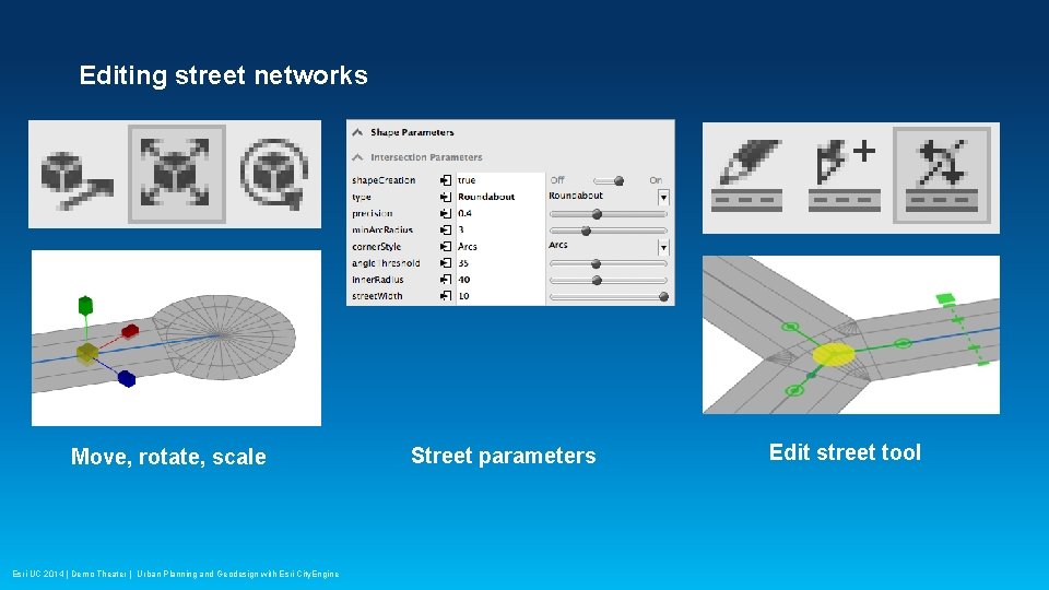 Editing street networks Move, rotate, scale Esri UC 2014 | Demo Theater | Urban