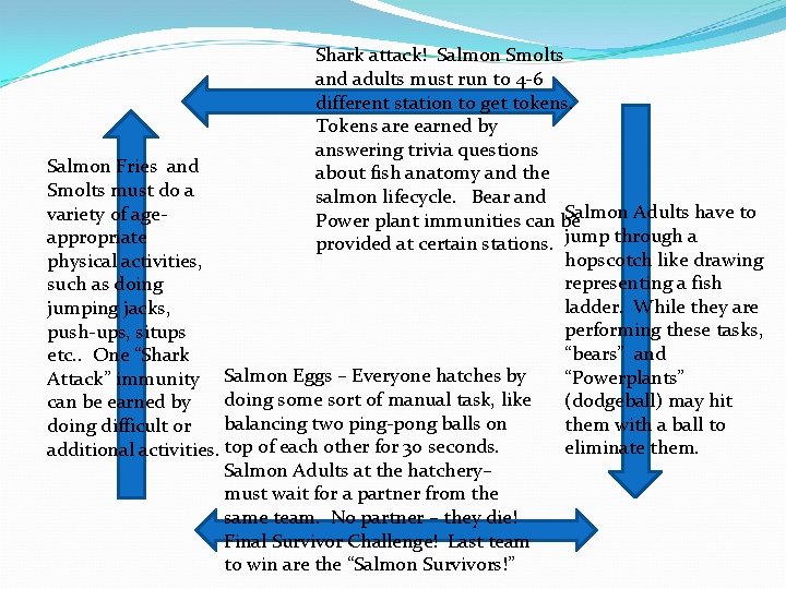 Shark attack! Salmon Smolts and adults must run to 4 -6 different station to