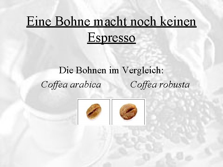 Eine Bohne macht noch keinen Espresso Die Bohnen im Vergleich: Coffea arabica Coffea robusta