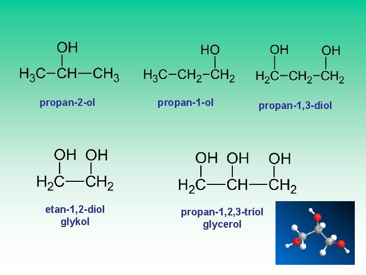 propan-2 -ol etan-1, 2 -diol glykol propan-1 -ol propan-1, 3 -diol propan-1, 2, 3