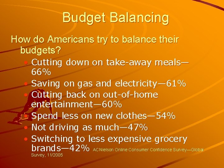 Budget Balancing How do Americans try to balance their budgets? • Cutting down on