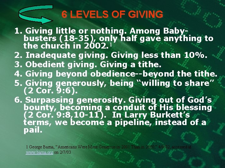 6 LEVELS OF GIVING 1. Giving little or nothing. Among Babybusters (18 -35), only