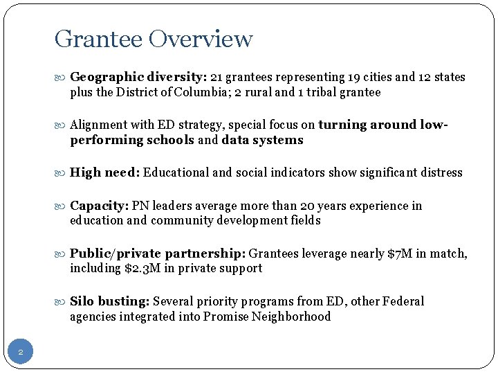 Grantee Overview Geographic diversity: 21 grantees representing 19 cities and 12 states plus the