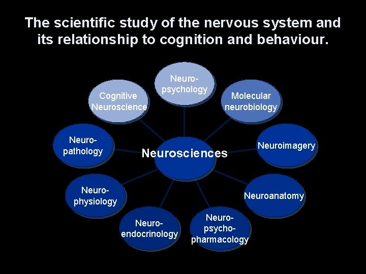 The scientific study of the nervous system and its relationship to cognition and behaviour.