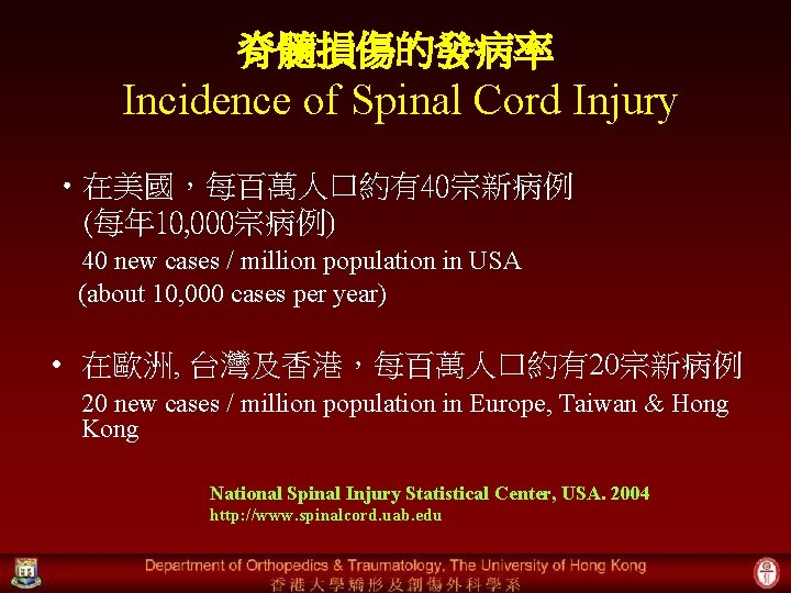 脊髓損傷的發病率 Incidence of Spinal Cord Injury • 在美國，每百萬人口約有40宗新病例　 (每年 10, 000宗病例) 40 new cases