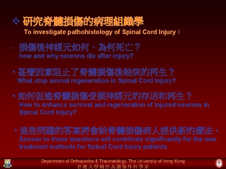 v 研究脊髓損傷的病理組織學 To investigate pathohistology of Spinal Cord Injury： • 損傷後神經元如何、為何死亡？ how and why
