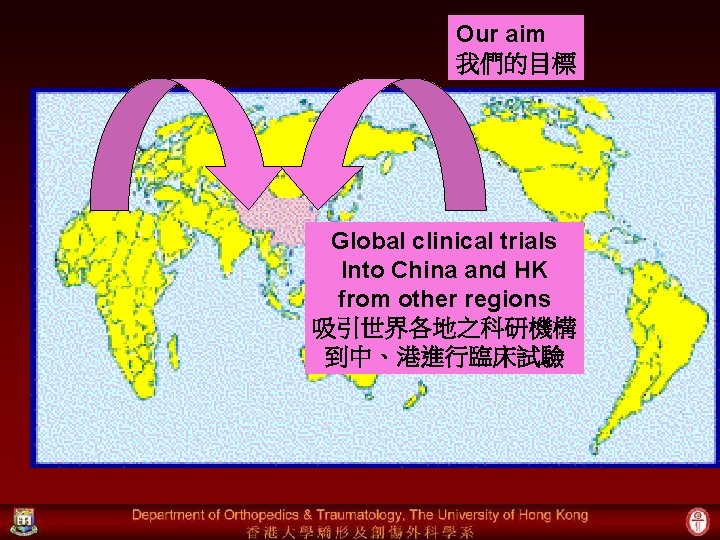 Our aim 我們的目標 Global clinical trials Into China and HK from other regions 吸引世界各地之科研機構