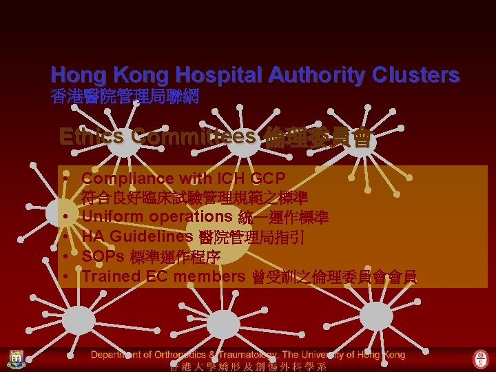 Hong Kong Hospital Authority Clusters 香港醫院管理局聯網 Ethics Committees 倫理委員會 • Compliance with ICH GCP
