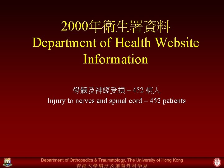 2000年衛生署資料 Department of Health Website Information 脊髓及神經受損 – 452 病人 Injury to nerves and