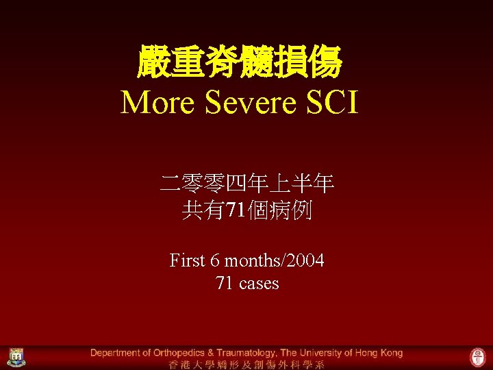 嚴重脊髓損傷 More Severe SCI 二零零四年上半年 共有71個病例 First 6 months/2004 71 cases 