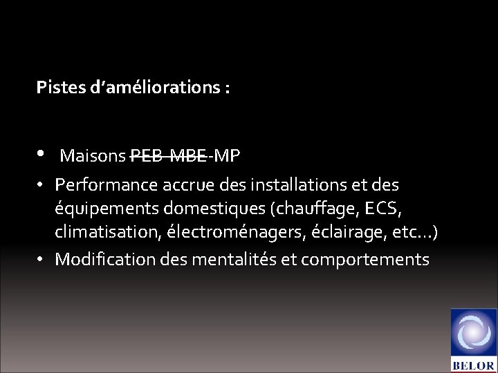 Pistes d’améliorations : • Maisons PEB-MBE-MP • Performance accrue des installations et des équipements