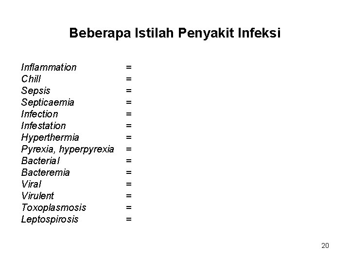 Beberapa Istilah Penyakit Infeksi Inflammation Chill Sepsis Septicaemia Infection Infestation Hyperthermia Pyrexia, hyperpyrexia Bacterial