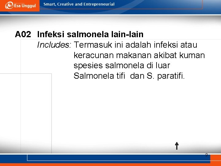 A 02 Infeksi salmonela lain-lain Includes: Termasuk ini adalah infeksi atau keracunan makanan akibat