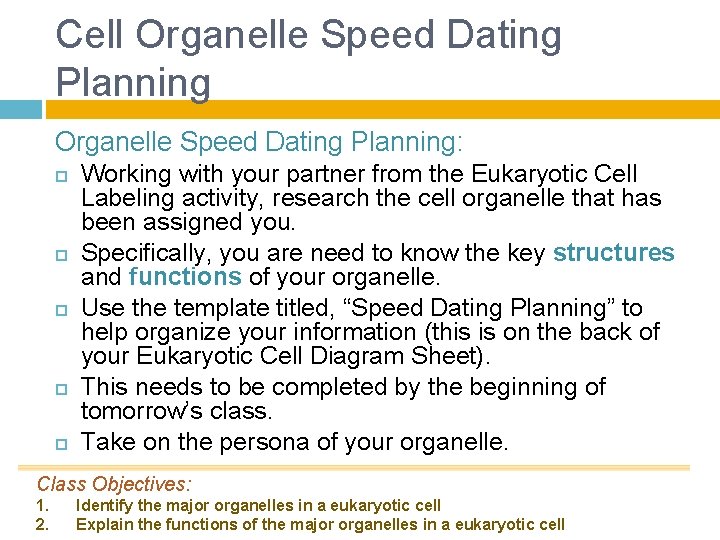 Cell Organelle Speed Dating Planning: Working with your partner from the Eukaryotic Cell Labeling