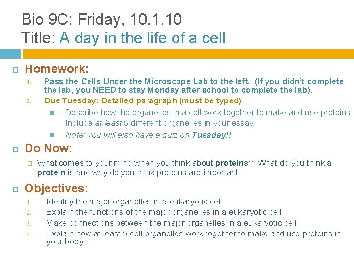 Bio 9 C: Friday, 10. 1. 10 Title: A day in the life of