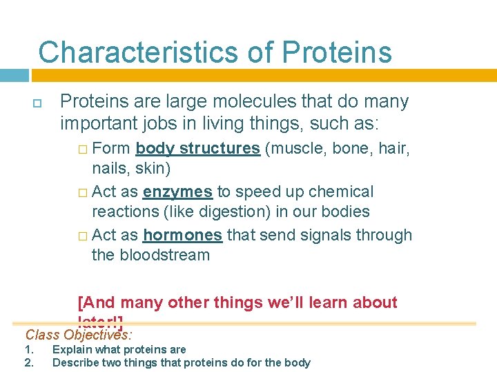 Characteristics of Proteins are large molecules that do many important jobs in living things,