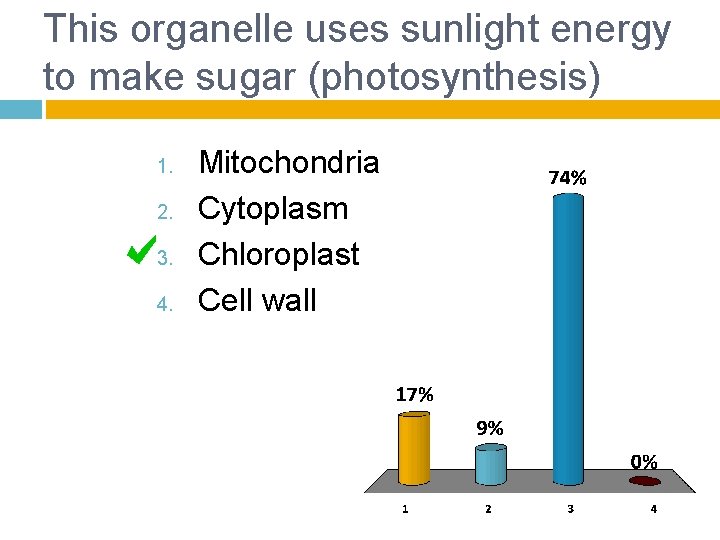 This organelle uses sunlight energy to make sugar (photosynthesis) 1. 2. 3. 4. Mitochondria