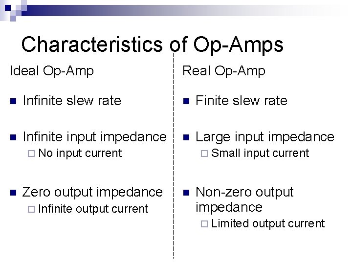 Characteristics of Op-Amps Ideal Op-Amp Real Op-Amp n Infinite slew rate n Finite slew