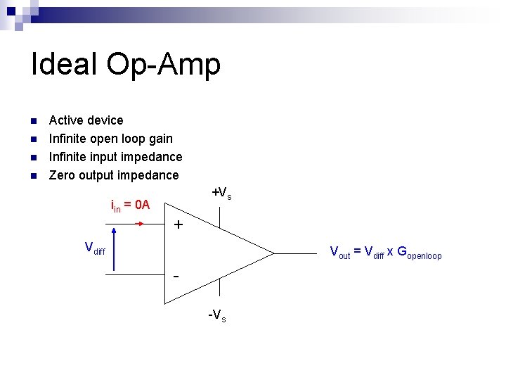 Ideal Op-Amp n n Active device Infinite open loop gain Infinite input impedance Zero