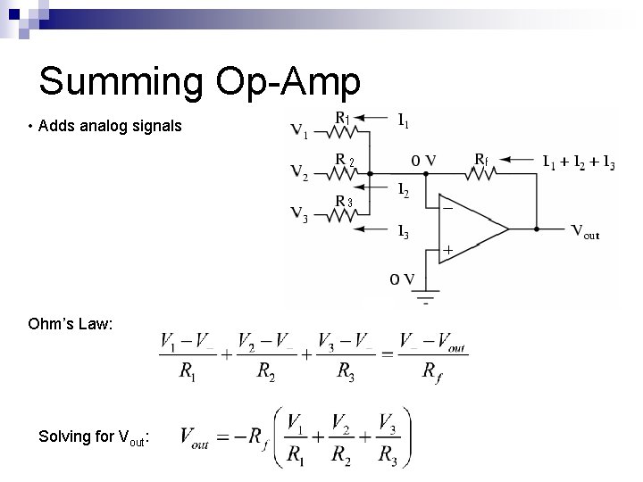 Summing Op-Amp • Adds analog signals Ohm’s Law: Solving for Vout: 