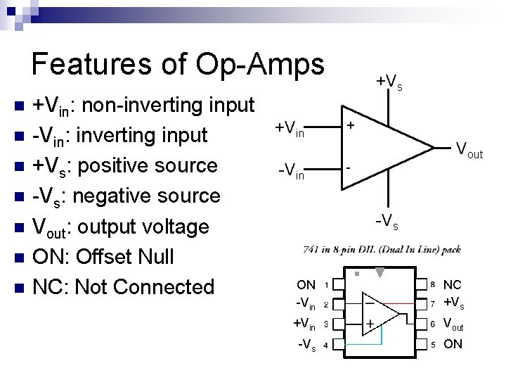 Features of Op-Amps n n n n +Vin: non-inverting input -Vin: inverting input +Vs: