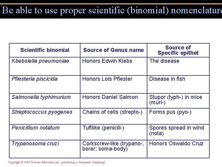 Be able to use proper scientific (binomial) nomenclature Kbebsiella pneumoniae Honors Edwin Klebs Source