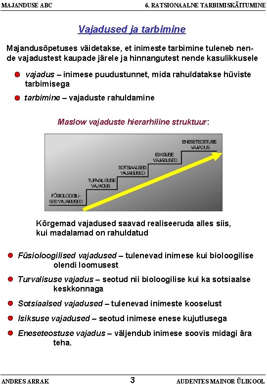 MAJANDUSE ABC 6. RATSIONAALNE TARBIMISKÄITUMINE Vajadused ja tarbimine Majandusõpetuses väidetakse, et inimeste tarbimine tuleneb