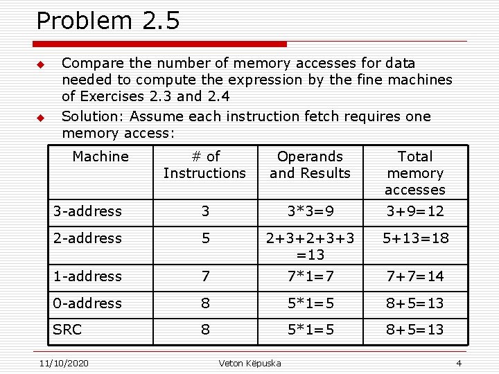 Problem 2. 5 u u Compare the number of memory accesses for data needed