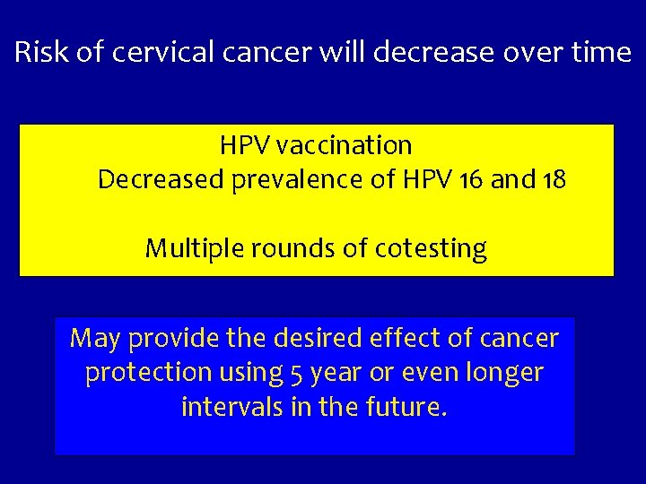 Risk of cervical cancer will decrease over time HPV vaccination u. HPV vaccination. Decreased