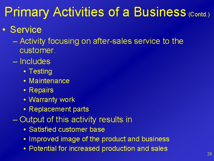 Primary Activities of a Business (Contd. ) • Service – Activity focusing on after-sales