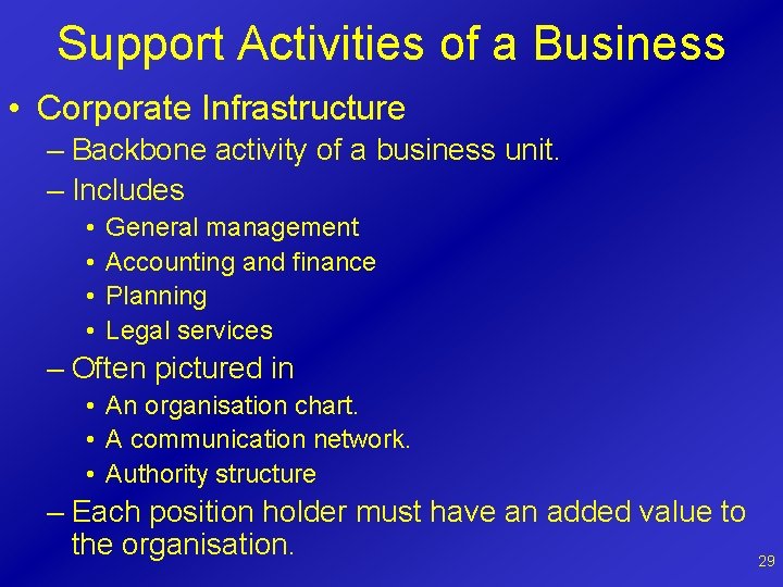 Support Activities of a Business • Corporate Infrastructure – Backbone activity of a business