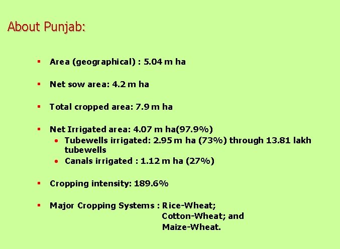  About Punjab: § Area (geographical) : 5. 04 m ha § Net sow