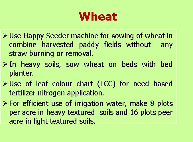 Wheat Ø Use Happy Seeder machine for sowing of wheat in combine harvested paddy