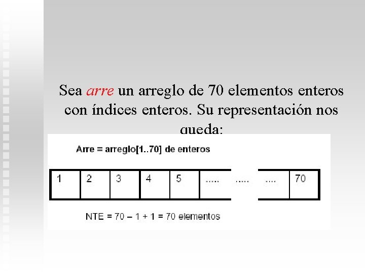 Sea arre un arreglo de 70 elementos enteros con índices enteros. Su representación nos