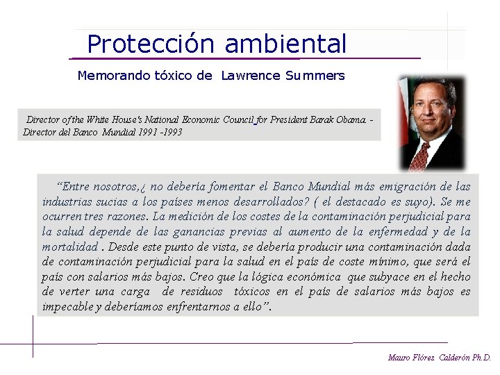 Protección ambiental Memorando tóxico de Lawrence Summers Director of the White House's National Economic