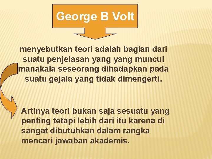 George B Volt menyebutkan teori adalah bagian dari suatu penjelasan yang muncul manakala seseorang