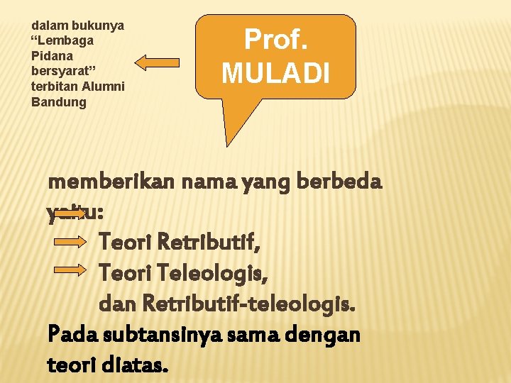 dalam bukunya “Lembaga Pidana bersyarat” terbitan Alumni Bandung Prof. MULADI memberikan nama yang berbeda