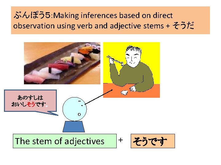 ぶんぽう５: Making inferences based on direct observation using verb and adjective stems + そうだ