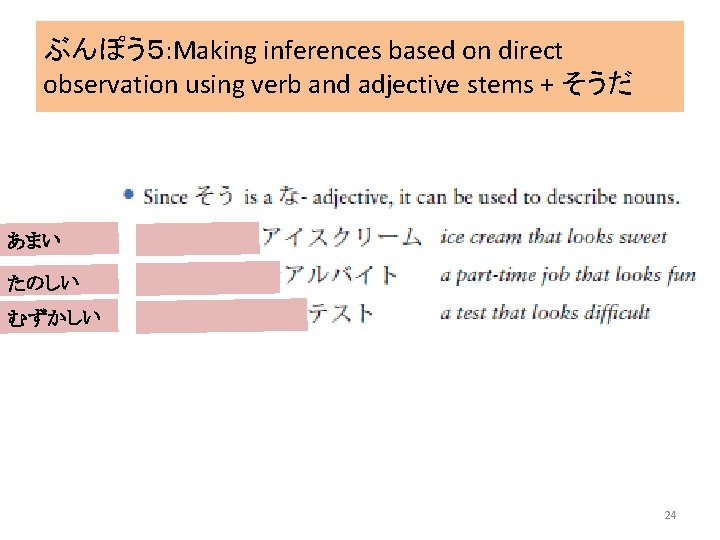 ぶんぽう５: Making inferences based on direct observation using verb and adjective stems + そうだ