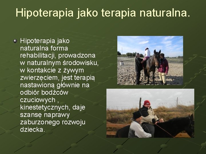 Hipoterapia jako terapia naturalna. Hipoterapia jako naturalna forma rehabilitacji, prowadzona w naturalnym środowisku, w