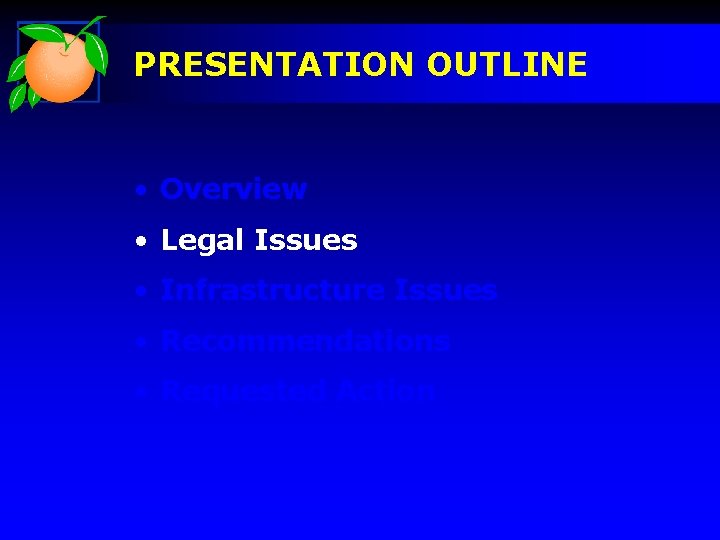 PRESENTATION OUTLINE • Overview • Legal Issues • Infrastructure Issues • Recommendations • Requested